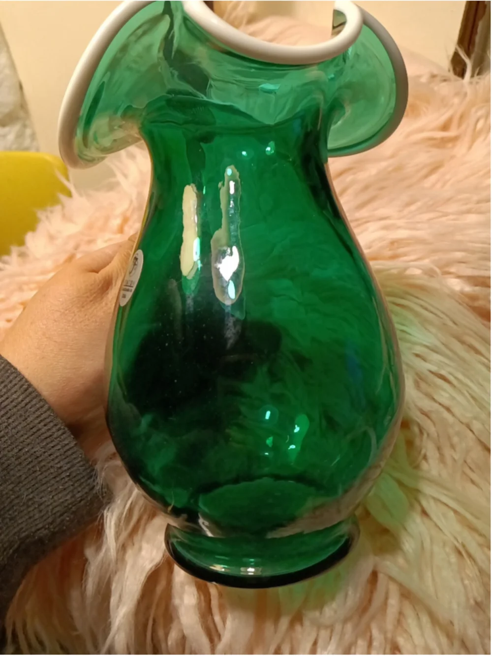 Fenton Emerald Green Snow Crest Glass Reed Handled Ruffle Pitcher handmade USA